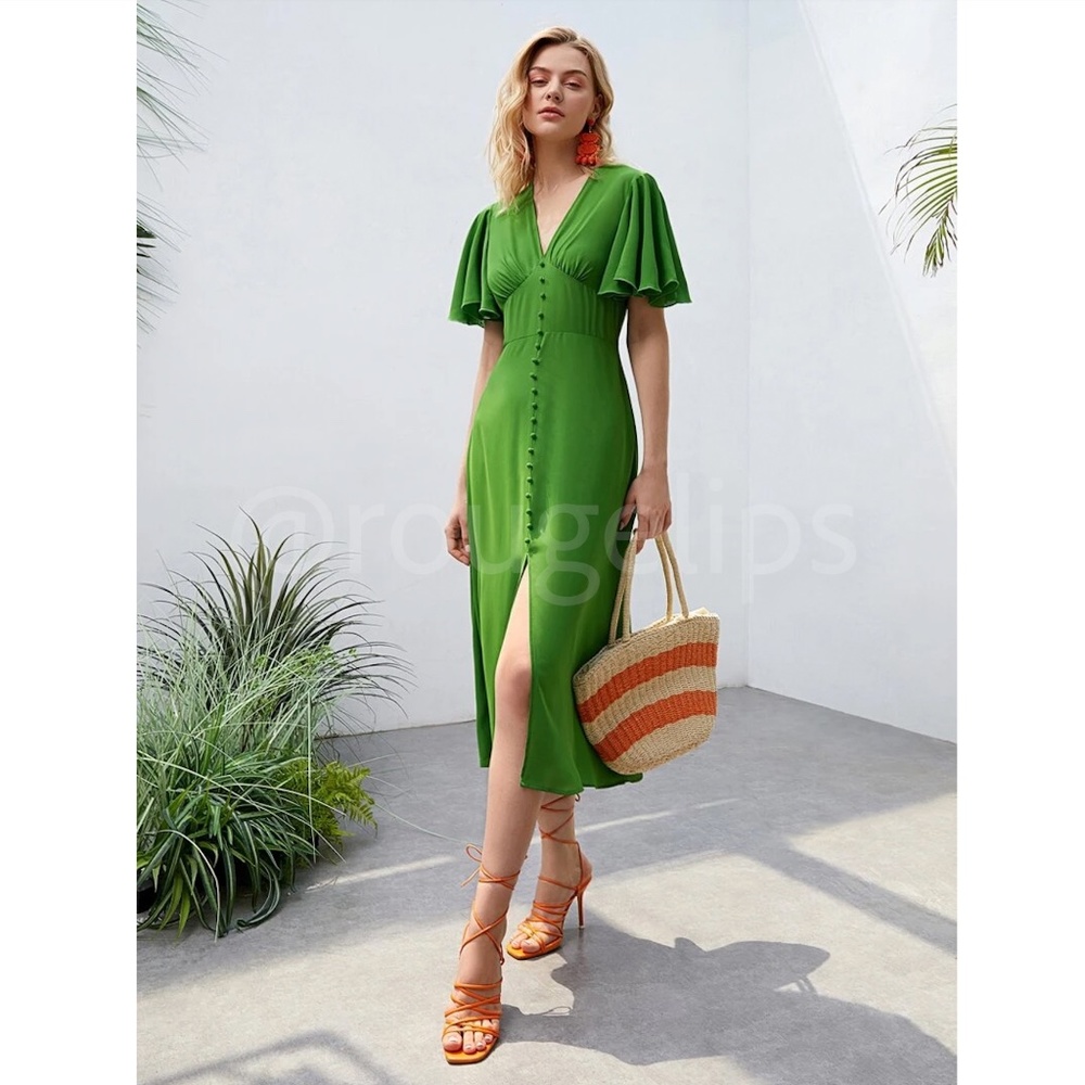 Green V-Neck Midi Dress Fit and Flare Butterfly Sleeve Faux Button Front - Picture 4 of 9